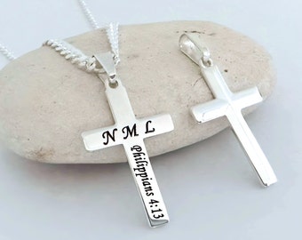Engraved Cross Necklace. Personalized Cross Hypoallergenic, No Stainless Steel, No Lead pewter, Nickel. Customized Cross Choose chain. 5142-