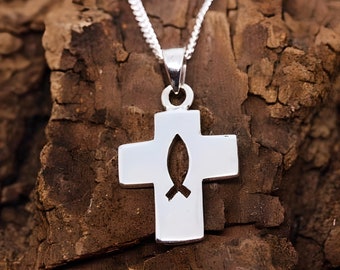 Jesus Cross Necklace Boys Jesus Fish Ichthys Christian Symbol, Sterling Cross Necklace, Choose chain. W9153