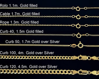 Gold 14k -16k Gold chains, Curb 1.5mm. Cable gold necklace. Rope Gold necklace chain.  Gold over sterling silver 4mm and 4.5mm