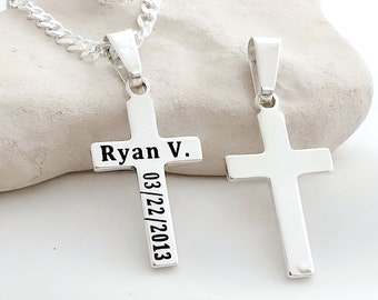 Sterling silver Engraved Cross Necklace.  Sterling Silver Personalized Cross Necklace. Choose chain. 5118*