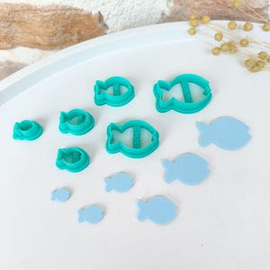 Può includere: Una collezione di formine per biscotti a forma di pesce color turchese e sagome di pesce azzurro. Le formine sono in plastica e di varie dimensioni. Le sagome sono realizzate in un materiale morbido.