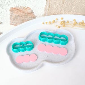 Op de afbeelding: Twee turquoise plastic koekjesvormen in de vorm van rijen van drie cirkels. De vormen liggen op een wit, wolkvormig bord met roze fondantcirkel.