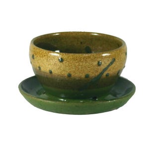 Può includere: Un vaso di ceramica verde e marrone con un sottovaso. Il vaso ha una smaltatura marrone macchiata con accenti verdi e il sottovaso è di un verde pieno.
