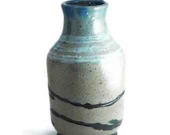 Rustic 6 Inch Tall Vase, Blue with Black and White accents, "Happy Trails", Wheel Thrown stoneware pottery ceramic