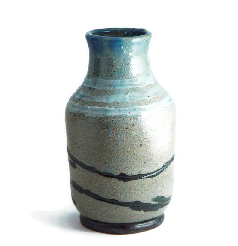 Rustic 6 Inch Tall Vase, Blue with Black and White accents, Happy Trails, Wheel Thrown stoneware pottery ceramic image 1