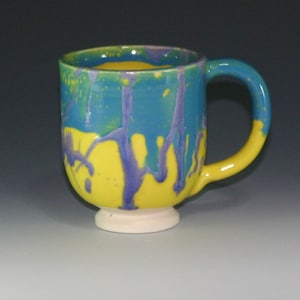 Porcelain  8 oz ounce Unique Coffee Mug \ Tea Cup, Yellow Turquoise & Purple, Wheel Thrown Pottery ceramic