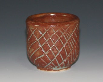 2 ounce oz Red-Brown Chawan “Pineapple” / Handleless Teacup, Japanese style Tea Bowl yunomi / Handmade Wheel Thrown ceramic pottery