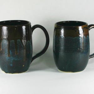 Pair of XL Stoneware Steins, Brown and Blue \ Coffee Tea Cups Large Handled 20 ounce oz pottery Wheel Thrown ceramic