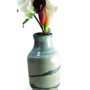 Rustic 6 Inch Tall Vase, Blue with Black and White accents, Happy Trails, Wheel Thrown stoneware pottery ceramic image 2