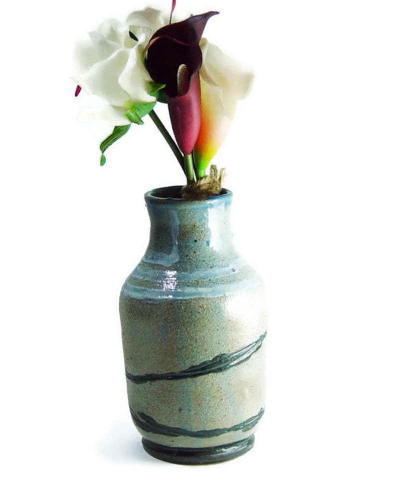 Rustic 6 Inch Tall Vase, Blue with Black and White accents, Happy Trails, Wheel Thrown stoneware pottery ceramic image 2