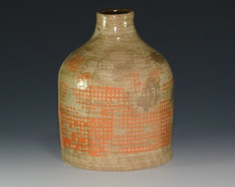 Personal size Moonshine Jug, 16 Ounce Pint growler, pottery, Orange and Tan, ceramic stoneware wheel thrown hand made