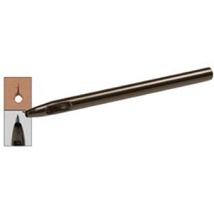 May include: A brown metal punch tool with a hole punch on one end and a pointed end on the other. The tool is used to create holes in leather or other materials.