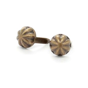 May include: Two antique gold-toned metal tacks with a decorative, starburst-shaped head.