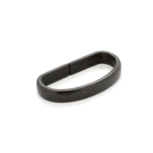 May include: A black metal ring with a smooth, rounded surface. The ring is open on one side and has a slightly curved shape.