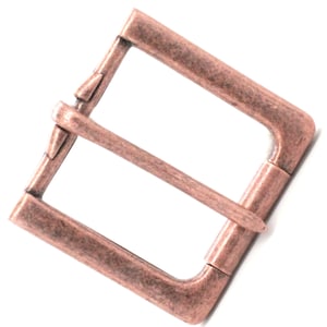 May include: A copper-toned metal belt buckle with a rectangular shape and a smooth, slightly worn finish.