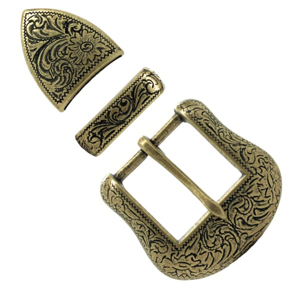 Engraved Filigree 3 Piece Buckle Set Antique Brass 1-1/2  display picture 3