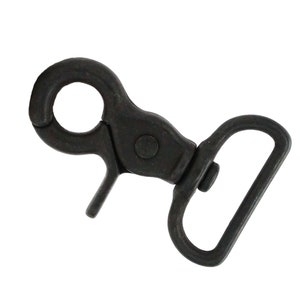 May include: Black metal swivel snap hook with a D-ring. The hook is designed for attaching to a strap or leash.