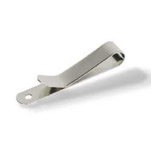 May include: Silver metal clip with a rounded end and a hole on the side.