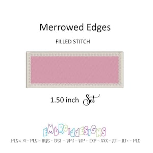 May include: A pink filled stitch embroidery design with a merrowed edge. The design is 1.50 inches wide and is labeled "Set".