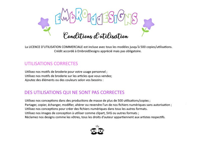 Op de afbeelding: Een document met de titel "EmbroidDesigns Gebruiksvoorwaarden" in roze tekst. Het document beschrijft de juiste en onjuiste manieren om borduurmotieven te gebruiken. Het document bevat een roze bloemenafbeelding en een roze theekopafbeelding.