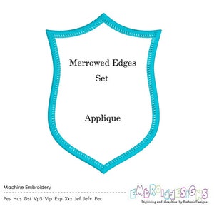 Può includere: Un'applicazione a forma di scudo di colore blu turchese con il testo "Merrowed Edges Set" e "Applique" all'interno.