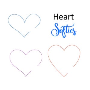 May include: Four outlines of hearts in different colors. The top heart is blue, the bottom left heart is purple, the bottom right heart is red, and the text "Heart Softies" is in blue.