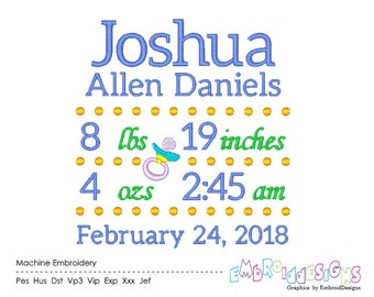 Baby Birth Announcement Template Embroidery Design Baby Boy Machine Embroidery Design Birth Stats AM/PM Instant Download