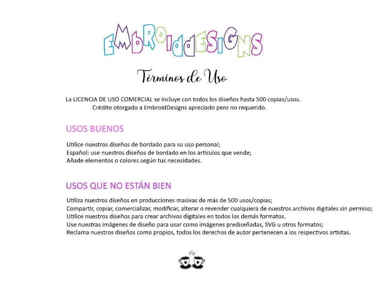 Op de afbeelding: Een document met de titel "EmbroidDesigns Gebruiksvoorwaarden" in het Spaans. Het document beschrijft de gebruiksvoorwaarden voor het commercieel en persoonlijk gebruik van borduurmotieven. Het document stelt dat een commerci&euml;le licentie is inbegrepen voor maximaal 500 exemplaren. Vermelding van EmbroidDesigns wordt gewaardeerd, maar is niet verplicht.