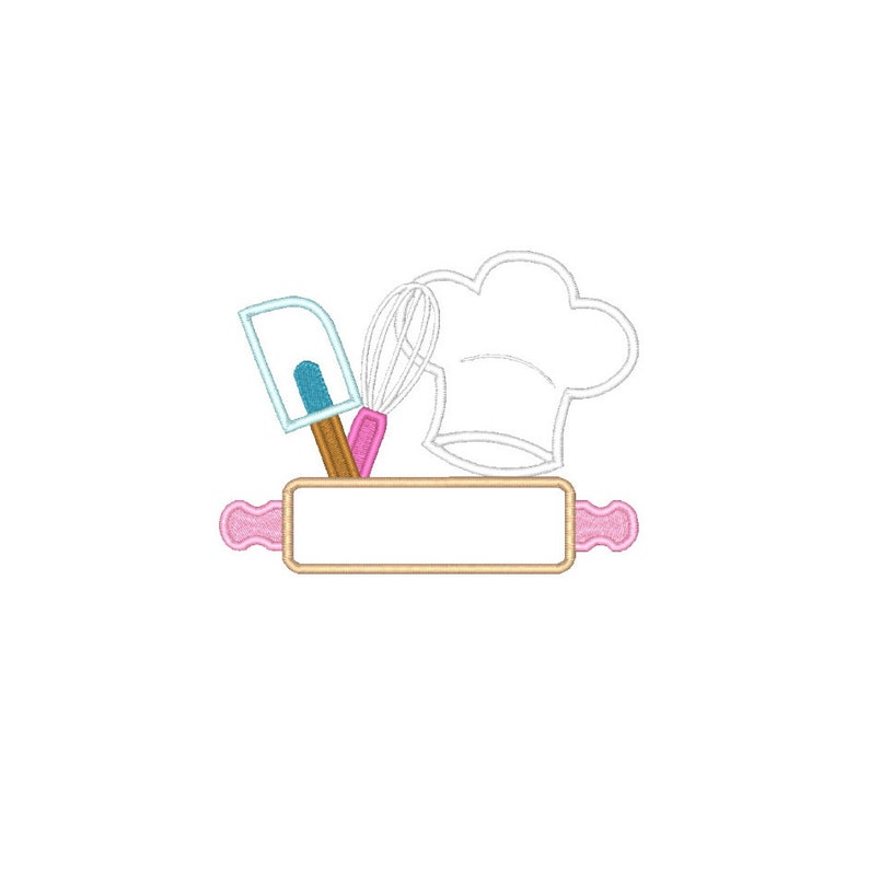 May include: A white chef's hat, a wooden rolling pin, a blue spatula, and a whisk are arranged on a white background. The rolling pin has a blank space for text.
