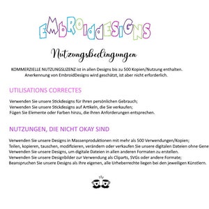 Puede incluir: Un documento con el t&iacute;tulo "Nutzungsbedingungen" (alem&aacute;n para "Condiciones de uso") que describe las pautas de uso comercial y no comercial para dise&ntilde;os de bordado. El documento incluye el texto "EmbroidDesigns" y un gr&aacute;fico de dos tazas de caf&eacute; sonrientes.