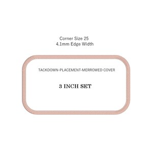 A pink rectangular machine embroidered patch with rounded corners and a merrowed stitched border, labeled with sizing text on a white background.