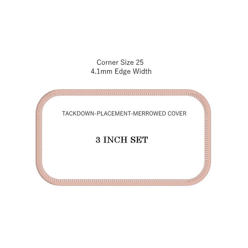 A pink rectangular machine embroidered patch with rounded corners and a merrowed stitched border, labeled with sizing text on a white background.