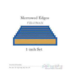 Puede incluir: Un conjunto de seis tiras de tela bordadas de color azul y dorado de 2,5 cm de ancho con bordes festoneados. Las tiras están dispuestas en forma de pirámide. El texto "Merrowed Edges" y "Filled Stitch" está por encima de las tiras. El texto "1 inch Set" está por debajo de las tiras.