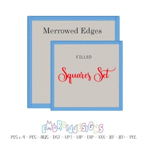 May include: A beige fabric square with a blue border and the text "Merrowed Edges" at the top. Inside the square is a smaller beige fabric square with a blue border and the text "FILLED Squares Set" in red. The text "PES-4-PES-HUS-DST-VP3-VIP-EXP-XXX-JEF~JEF+~PEC" is at the bottom of the image.