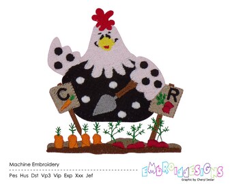 Country Chicken Machine Embroidery Design: Hen with Garden (Instant Download)