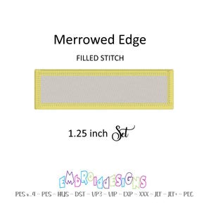 May include: A yellow embroidered design with a white filled area. The design is 1.25 inches wide and is labelled "Merrowed Edge" and "Filled Stitch". The design is available in PES, HUS, DST, VP3, VIP, EXP, XXX, JEF, and PEC formats.
