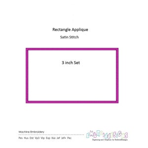 以下が含まれることがあります： 3インチの四角形のアップリケ用のデジタル刺繍デザイン。デザインはピンクのアウトラインで、テキスト「3 inch Set」は長方形の中央にあります。デザインは機械刺繍用で、さまざまな刺繍機で使用できます。
