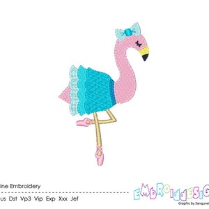 May include: Pink flamingo ballerina with a blue tutu and pink ballet shoes. The flamingo has a pink bow on its head.