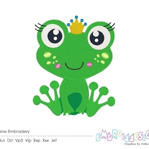 May include: Machine embroidery design of a green frog wearing a gold crown with blue jewels. The frog has large eyes and a pink blush on its cheeks. The design is perfect for creating cute and whimsical projects.