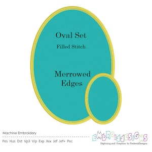 Może przedstawiać: Zestaw dwóch turkusowych wzorów haftu owalnego z żółtymi konturami. Większy owal zawiera tekst "Oval Set Filled Stitch Merrowed Edges".