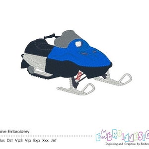 May include: Blue and black snowmobile with a gray windshield. Machine embroidery design file for a snowmobile.
