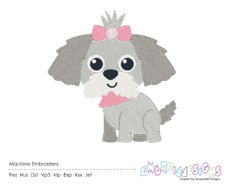 May include: Machine embroidery design of a gray and white dog with a pink bow and crown. The design is available in PES, HUS, DST, VP3, VIP, EXP, XXX, and JEF formats.