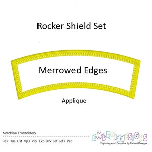 Peut inclure: Une applique brodée jaune incurvée avec le texte "Merrowed Edges" à l'intérieur. Le texte "Rocker Shield Set" est au-dessus de l'applique et le texte "Applique" est en dessous de l'applique.