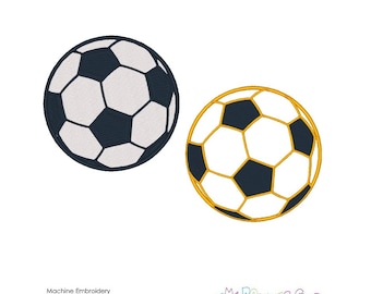 May include: Two machine embroidery designs of soccer balls. The left ball features a dark navy outline with white and navy pentagonal panels. The right ball features a bright yellow outline with white and dark navy pentagonal panels.