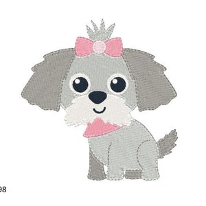 May include: A gray and white cartoon dog with pink ears, a pink bow, and a pink collar. The dog has a crown on its head and is sitting with its tail curled behind it.