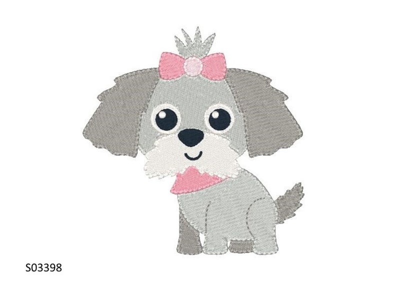 May include: A gray and white cartoon dog with pink ears, a pink bow, and a pink collar. The dog has a crown on its head and is sitting with its tail curled behind it.