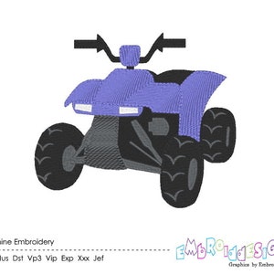 May include: A purple and gray ATV with four wheels and a handlebar. The ATV is a machine embroidery design.