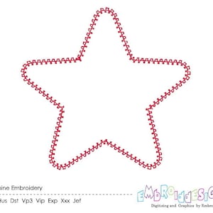 Op de afbeelding: Een rode vijfpuntige stervorm, omlijnd met een zigzagsteek. De bestandsformaten voor machineborduurontwerpen staan ​​hieronder vermeld: PES, HUS, DST, VP3, VIP, EXP, XXX en JEF.