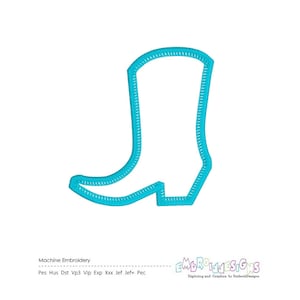 May include: A turquoise blue outline of a cowboy boot. Machine embroidery design file for use with embroidery machines.