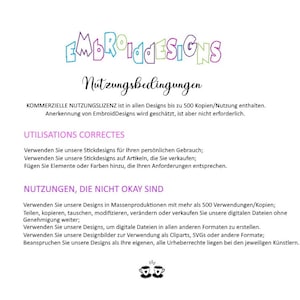 May include: A document with the title "EmbroidDesigns Nutzungsbedingungen" outlining commercial and personal use guidelines for embroidery designs. The document states that commercial use is permitted for up to 500 copies and that attribution is appreciated but not required.